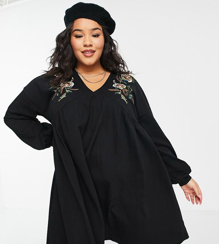 Asos Design Curve Mini Dress With V Neck And Floral Embroidery Detail-black