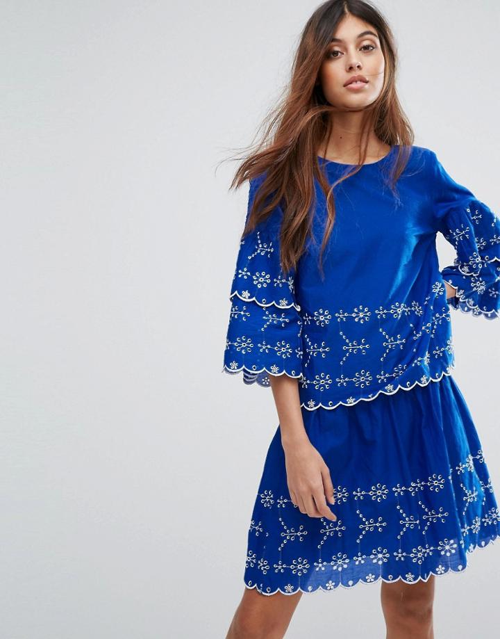 Vero Moda Embroidered Frill Shell Top - Blue