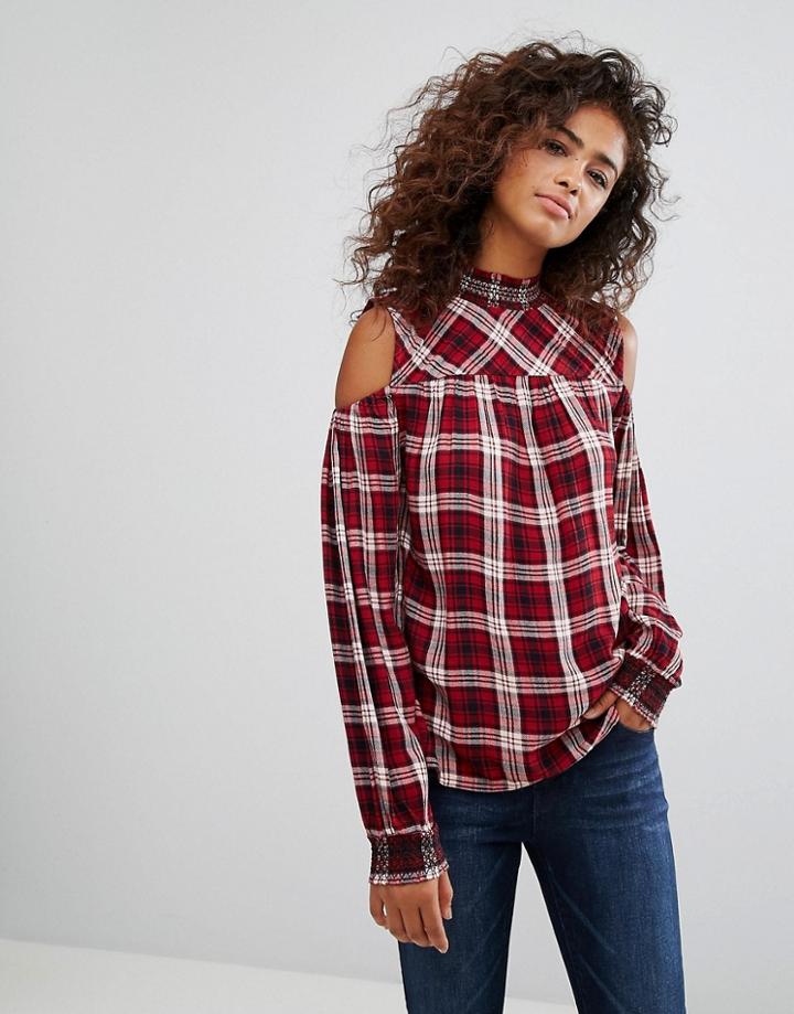 Esprit Cold Shoulder Checked Top - Multi