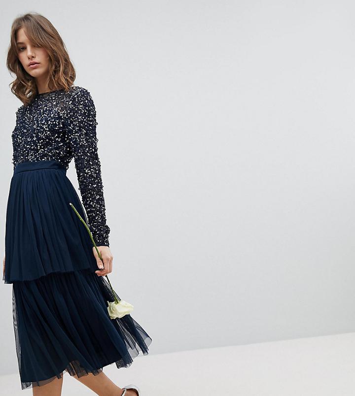 Maya Long Sleeve Sequin Top Midi Dress With Tiered Tulle Skirt - Navy