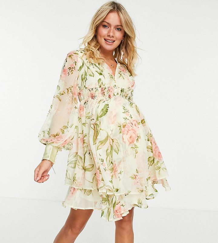 Asos Design Maternity Pearl Embellished Button Bodice Mini Dress With Ruching Detail And Skirt Slits In Floral Print-white