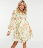 Asos Design Maternity Pearl Embellished Button Bodice Mini Dress With Ruching Detail And Skirt Slits In Floral Print-white