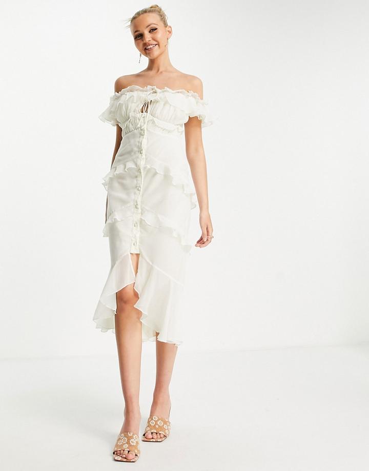 Asos Design Off Shoulder Midi Dress With Button Front And Ruffle Detail In Cream-white
