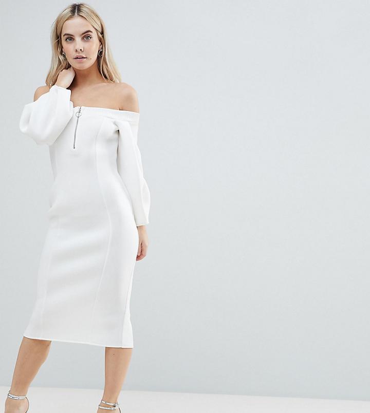 Asos Petite Premium Off Shoulder Midi Dress With Zip Front-cream