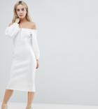 Asos Petite Premium Off Shoulder Midi Dress With Zip Front-cream
