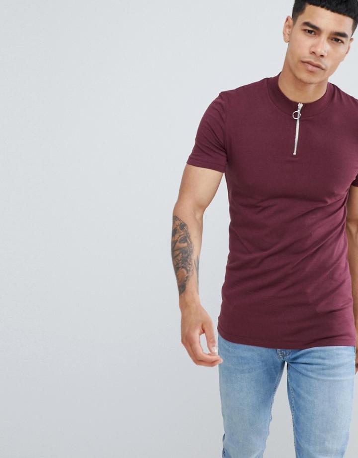 Asos Design Muscle Fit T-shirt With Zip Turtleneck - Red