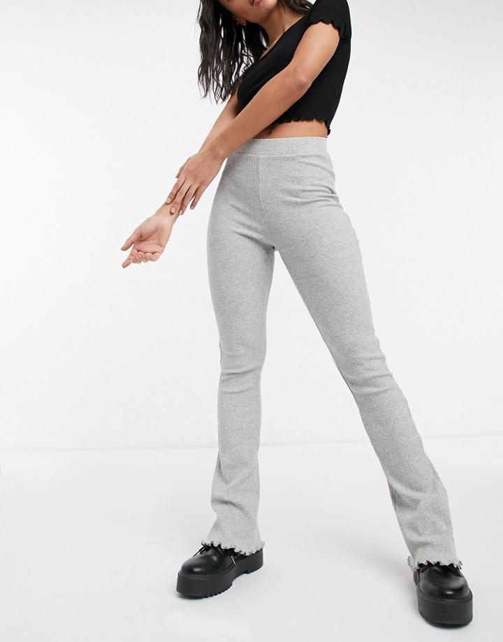 Bershka Ribbed Flare Pant With Lettuce Hem In Gray-grey
