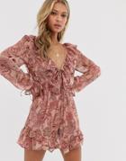 Asos Design Ruffle Tie Front Romper In Paisley Print - Multi