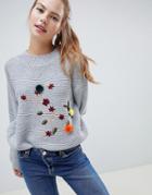 Wild Flower Sweater With 3d Floral Embroidery - Gray