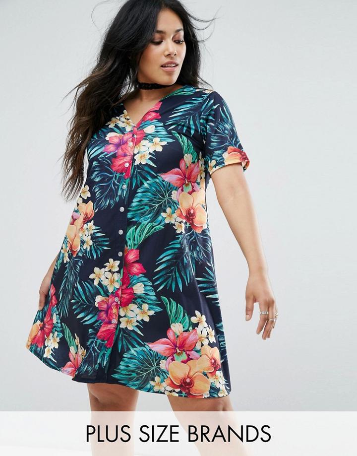 Pink Clove Baseball Swing Dress With Buttons In Tropical Print - Multi