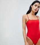 South Beach Red High Leg Square Neck Swimsuit - Red
