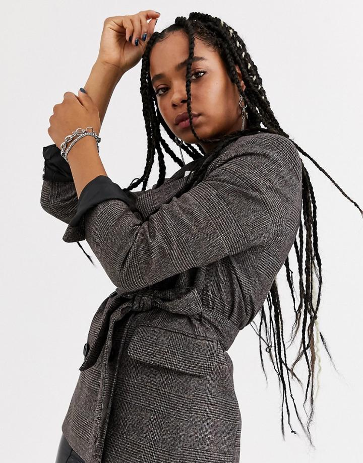 Bershka Longline Tie Waist Blazer In Brown