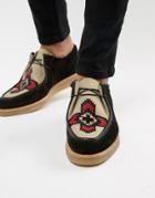 Asos Design Lace Up Shoes In Black Suede With Embroidery - Black