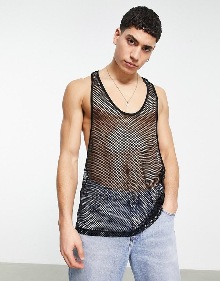 Asos Design Tank Top In Black Mesh With Racer Back
