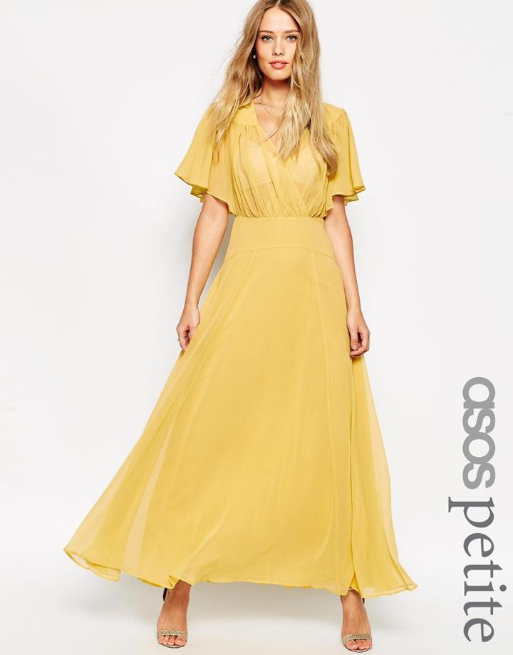 Asos Petite Wedding 70's Flippy Maxi Dress With Stitch Shoulder - Yellow