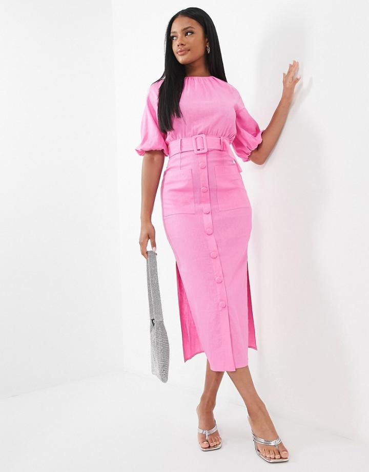 Asos Design Linen Puff Sleeve Button Up Belted Midi Dress In Pink