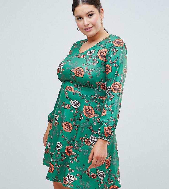 Club L Plus Floral V Plunge Skater Dress - Multi