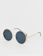 Asos Design Metal Round Sunglasses In Gold With Smoke Lens And Side Caps - Gold