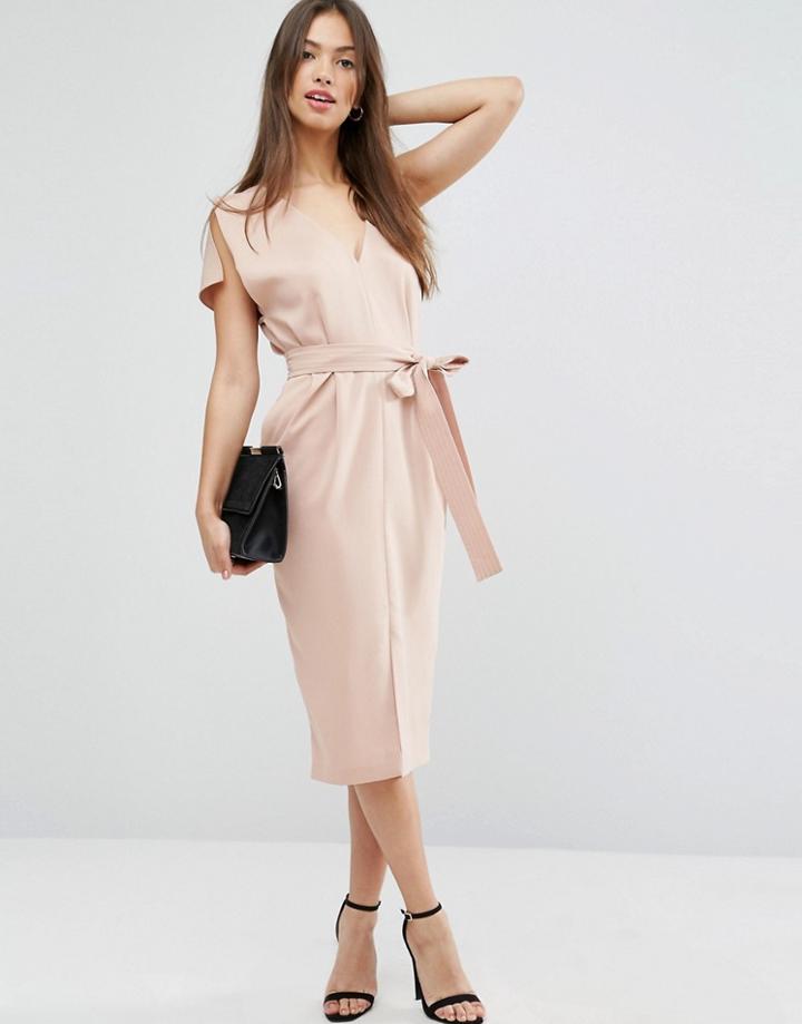 Asos Split Sleeve Dress With Plunge Neck And Tie Belt - Pink