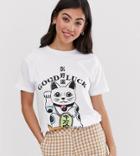 Asos Design Petite T-shirt With Lucky Cat Print-white