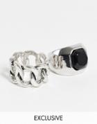 Reclaimed Vintage Inspired Chunky Chain And Black Stone Rings 2 Pack In Silver