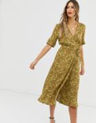 & Other Stories Floral Print Midi Wrap Dress In Mustard-brown
