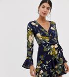 Parisian Tall Cross Front Dress In Floral Print With Self Tie Belt - Navy