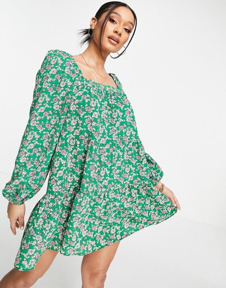 Asos Design Tiered Trapeze Mini Smock Dress In Green Floral Print-multi