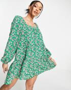 Asos Design Tiered Trapeze Mini Smock Dress In Green Floral Print-multi