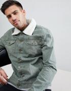 Hoxton Denim Khaki Denim Jacket With Fleece Collar - Green