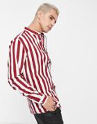 Devil's Advocate Striped Grandad Collar Slim Fit Cotton Shirt-red