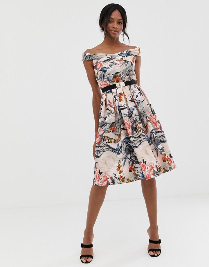 Little Mistress Off Shoulder Printed Midi Dress With Belt Detail-multi