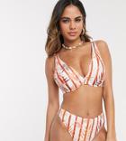 Peek & Beau Exclusive Recycled Polyester High Leg Bikini Bottom In Tropical Stripe-white