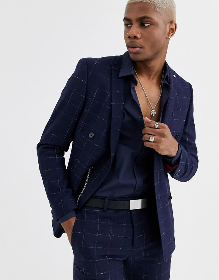 Twisted Tailor Super Skinny Double Breasted Suit Jacket In Check-navy