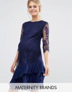 Little Mistress Maternity Long Sleeve Lace Shift Dress With Frill Hem - Navy
