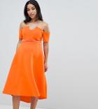 Asos Design Maternity Bardot Pleated Waist Scuba Midi Prom Dress - Orange