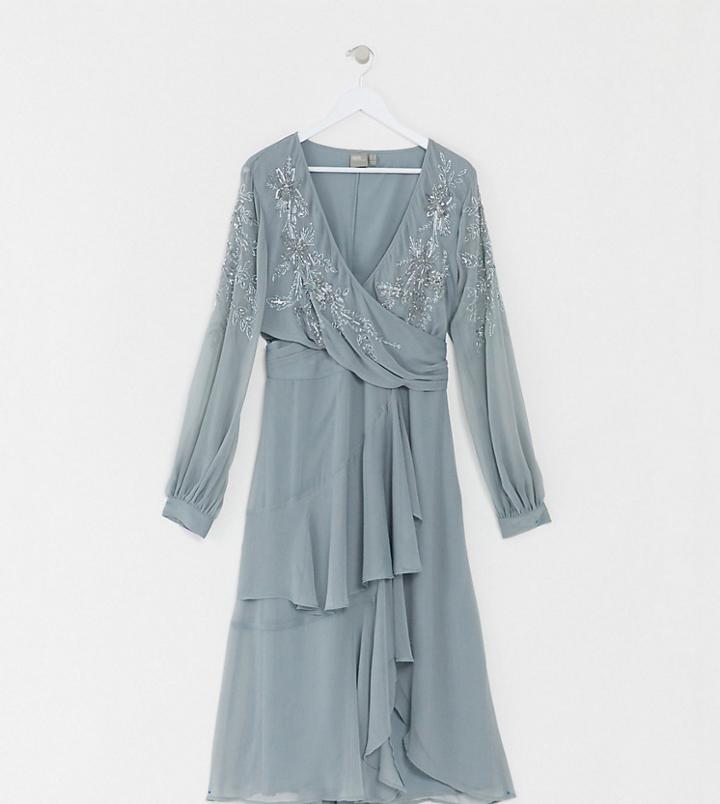 Asos Design Curve Embellished Wrap Waist Midi Dress With Double Layer Skirt And Long Sleeves-blues