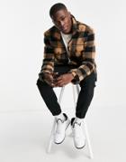 Brave Soul Full Zip Check Sherpa Jacket In Black & Tan