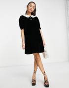 & Other Stories Velvet Mini Dress With Faux Pearl Collar In Black