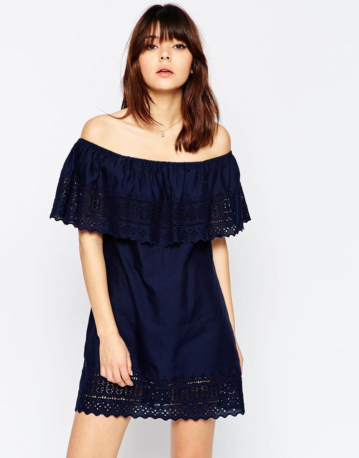 Asos Broderie Off Shoulder Sundress - Navy
