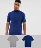 Asos Design Knitted Cotton Turtleneck T-shirt In Navy / Light Gray 2 Pack Save-multi