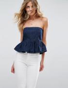 Asos Denim Top With Peplum In Indigo - Blue