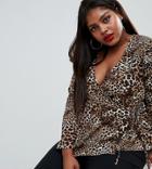 Fashion Union Plus Wrap Top In Leopard - Multi