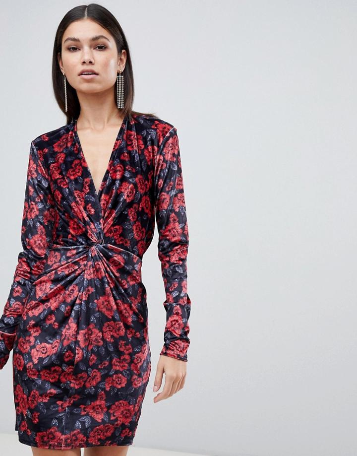 Club L Floral Printed Knot Front Mini Dress In Velvet-red