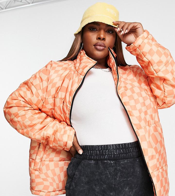Daisy Street Plus Relaxed Puffer Jacket In Orange Wavy Print