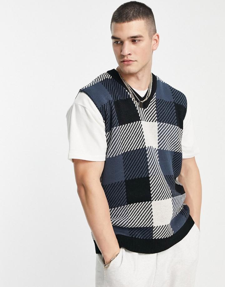 New Look Knitted Vest In Gray Check-grey