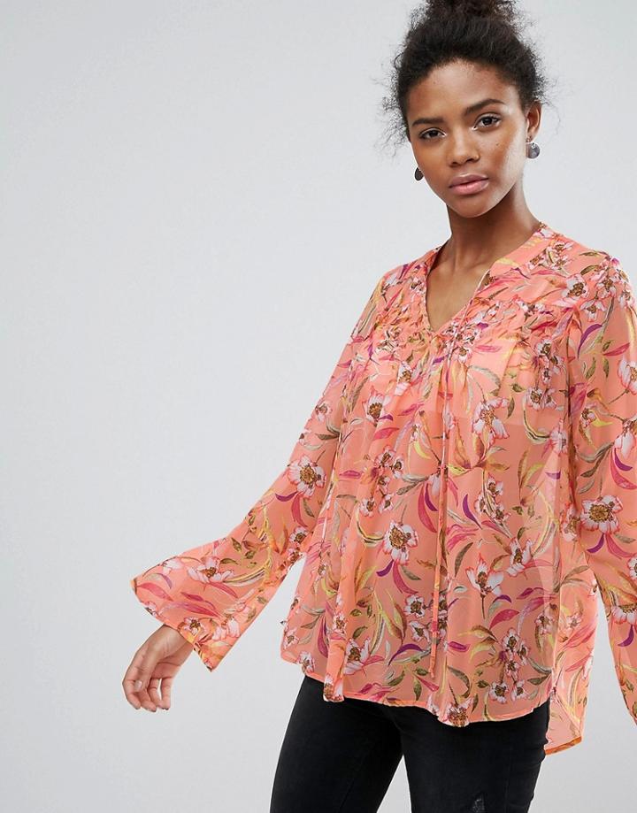 Crescent Floral Print Bell Sleeve Blouse With Front Smocking Detail - Pink