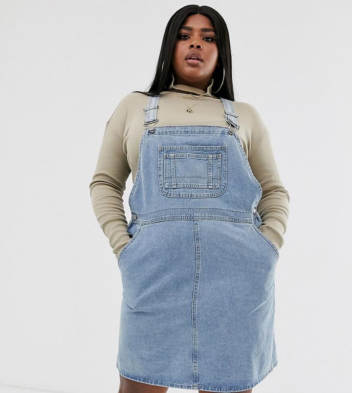 Asos Design Curve Denim Overall Dress In Vintage Blue