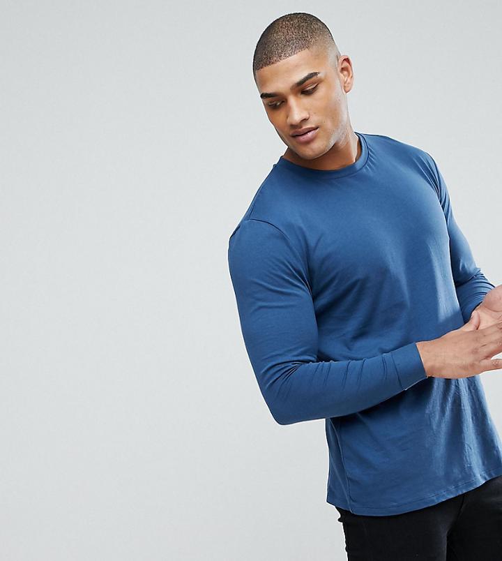 Asos Tall Roll Long Sleeve T-shirt In Blue - Blue