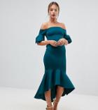 Asos Petite Premium Bardot Bodycon Pephem Midi Dress - Blue